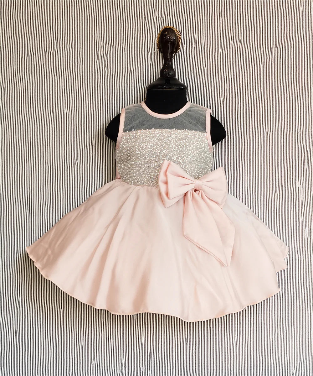 Peach satin shimmer birthday frock for girls, Jaipur kidswear store