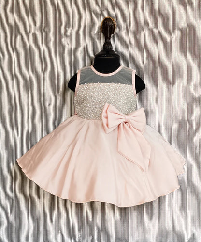 Peach satin shimmer birthday frock for girls, Jaipur kidswear store