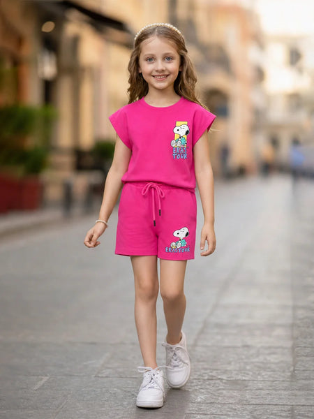 Rani pink cartoon print cotton Co-Ord Set for girls party wear