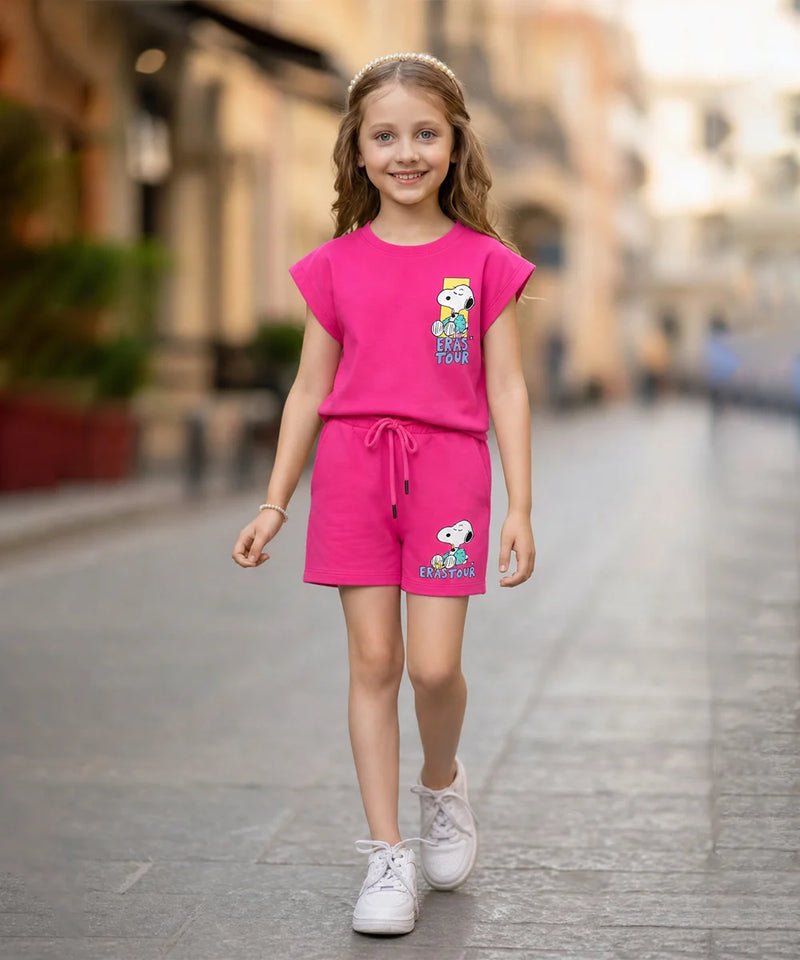 Rani pink cartoon print cotton Co-Ord Set for girls party wear