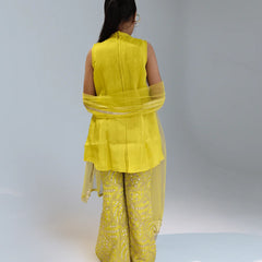 Girl wearing a yellow sharara  with a sheer dupatta on a plain background