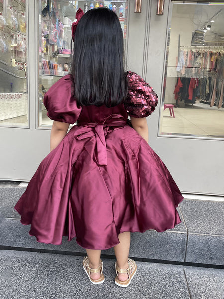 Buy maroon fancy frock online, elegant party dress with shimmer details