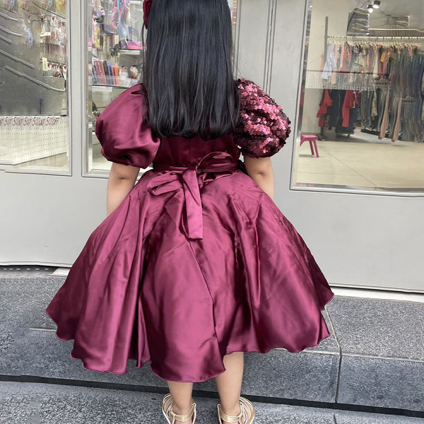 Buy maroon fancy frock online, elegant party dress with shimmer details