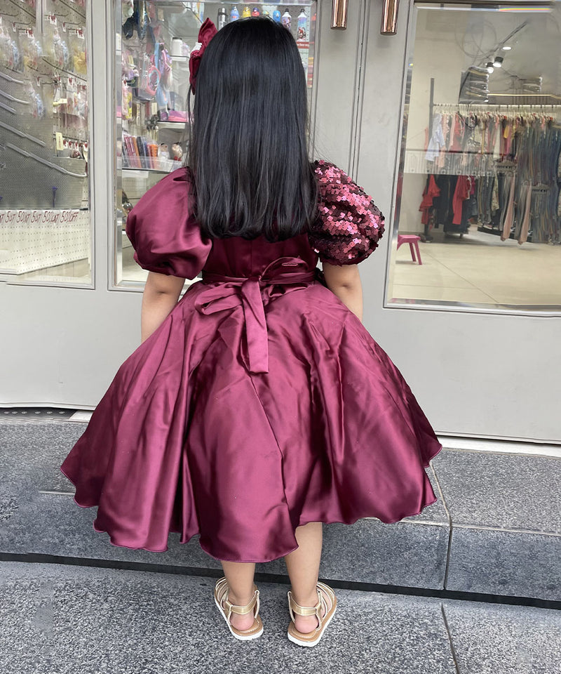 Buy maroon fancy frock online, elegant party dress with shimmer details