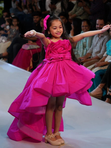 Buy party dress for girls online, neon pink designer birthday gown with fabric belt