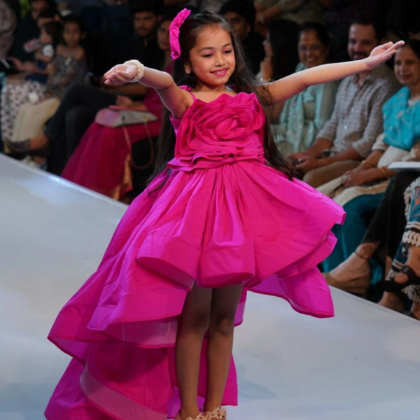 Buy party dress for girls online, neon pink designer birthday gown with fabric belt