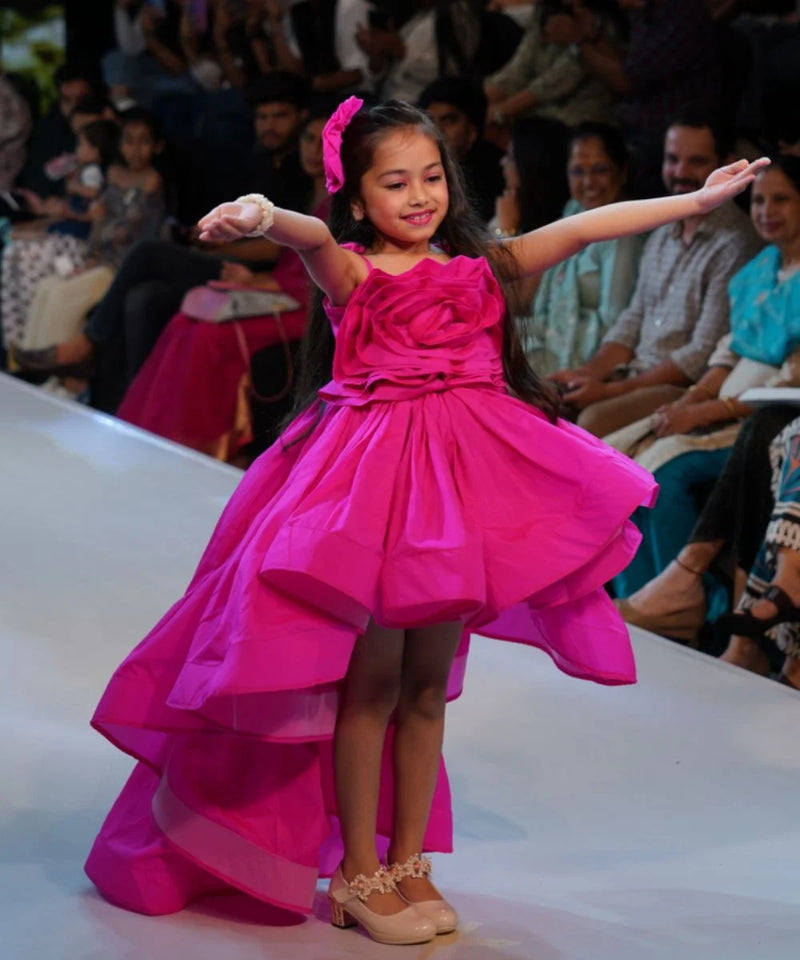 Buy party dress for girls online, neon pink designer birthday gown with fabric belt