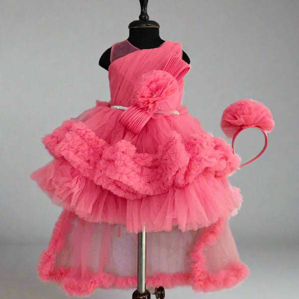 Buy peach frock for girls online, designer party dress with dramatic skirt, Jaipur