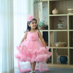 Buy pink party frock for girls online, knee-length, short sleeves, elegant design