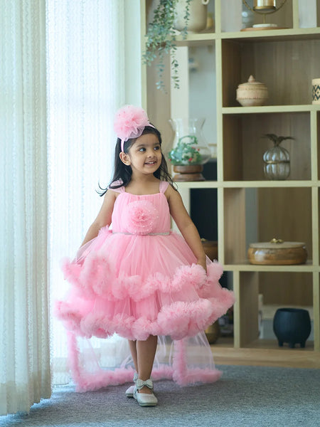 Buy pink party frock for girls online, knee-length, short sleeves, elegant design