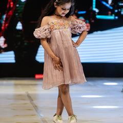 Buy pleated party dress for girls online, onion pink, smocked sleeves, knee length