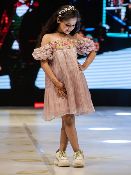 Buy pleated party dress for girls online, onion pink, smocked sleeves, knee length