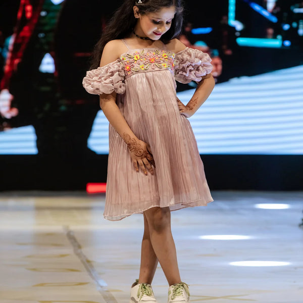 Buy pleated party dress for girls online, onion pink, smocked sleeves, knee length