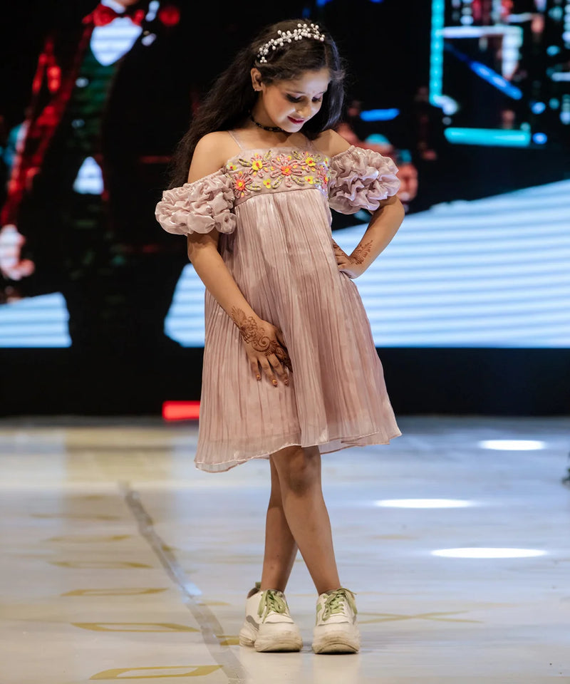 Buy pleated party dress for girls online, onion pink, smocked sleeves, knee length