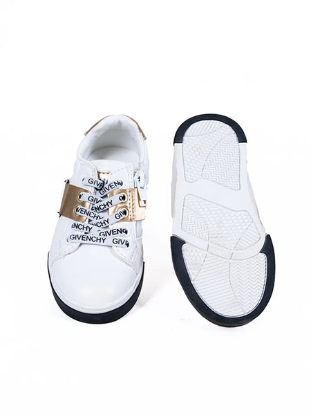 Kids' trendy white sneakers with metallic gold strap, branded laces, and side zipper, Jaipur