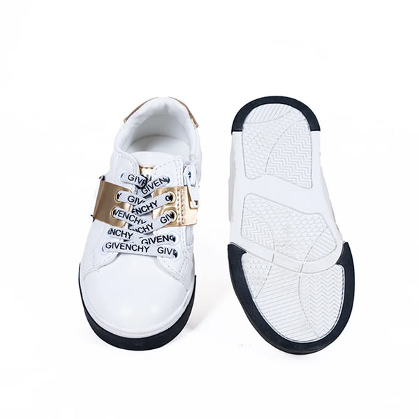 Kids' trendy white sneakers with metallic gold strap, branded laces, and side zipper, Jaipur