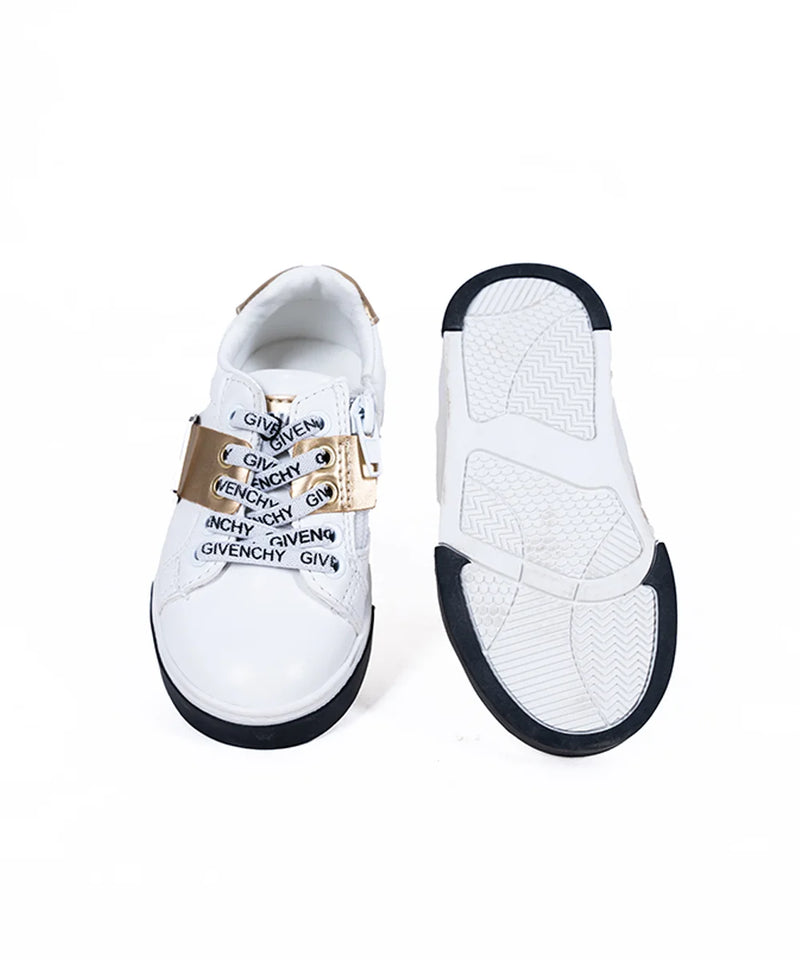 Kids' trendy white sneakers with metallic gold strap, branded laces, and side zipper, Jaipur