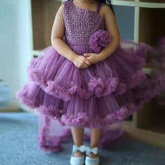 Cape style frock for girls party, wine color, layered tulle skirt, designer dress

