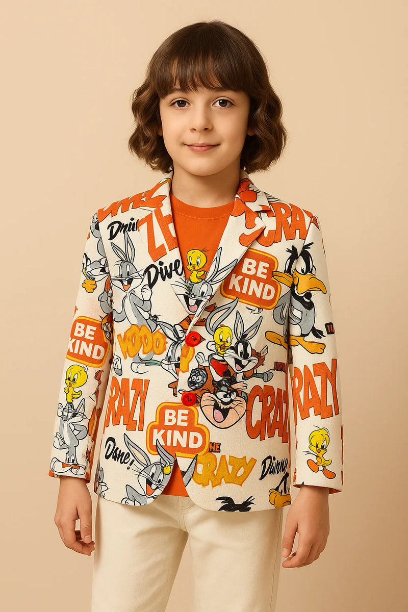 Child wearing a colorful jacket with cartoon characters and text on a beige background