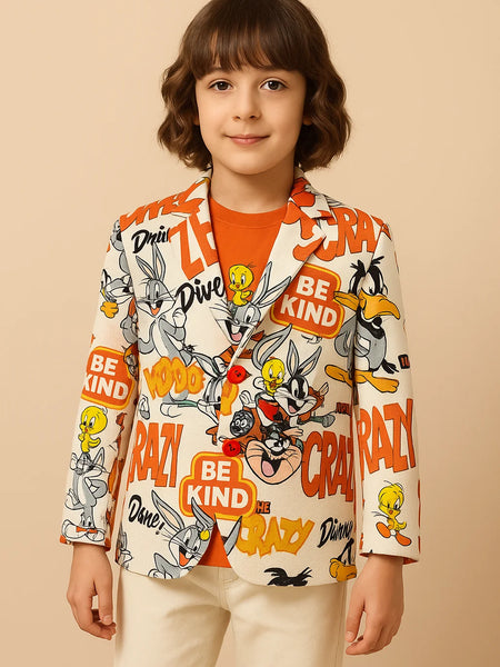 Child wearing a colorful jacket with cartoon characters and text on a beige background