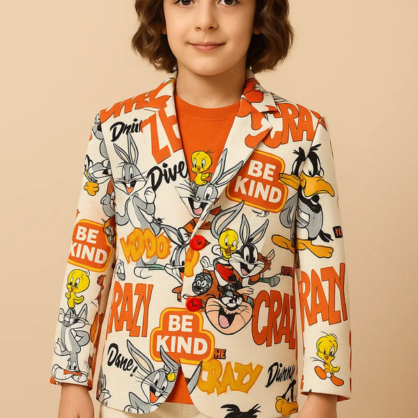 Child wearing a colorful jacket with cartoon characters and text on a beige background