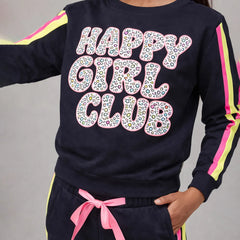Black sweatshirt with 'Happy Girl Club' text and colorful accents on a gray background