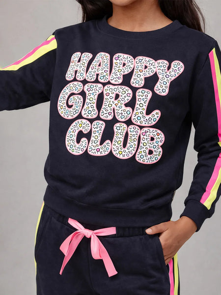 Black sweatshirt with 'Happy Girl Club' text and colorful accents on a gray background