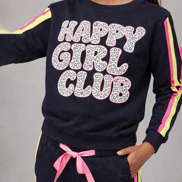 Black sweatshirt with 'Happy Girl Club' text and colorful accents on a gray background