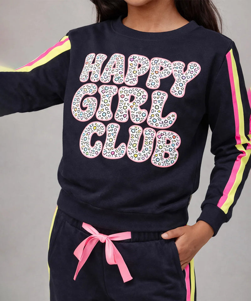 Black sweatshirt with 'Happy Girl Club' text and colorful accents on a gray background
