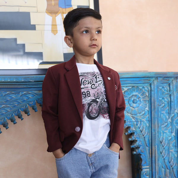 casual maroon blazer set for boys