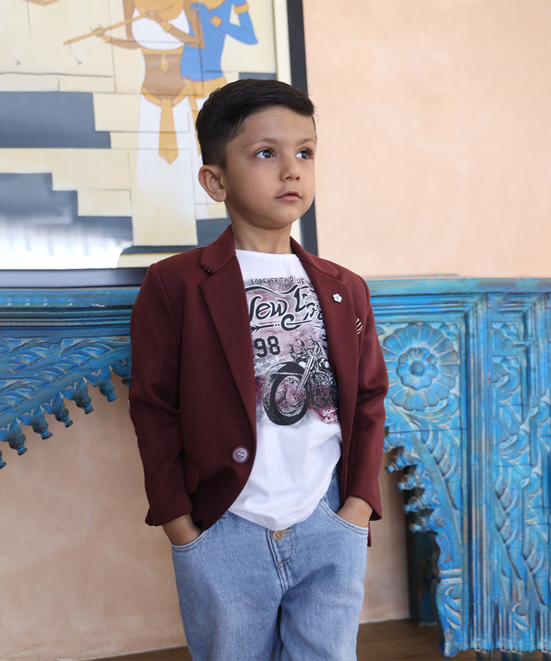casual maroon blazer set for boys