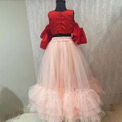 Best lehenga for kids in Jaipur for wedding, peach net lehenga with trendy cold-shoulder top