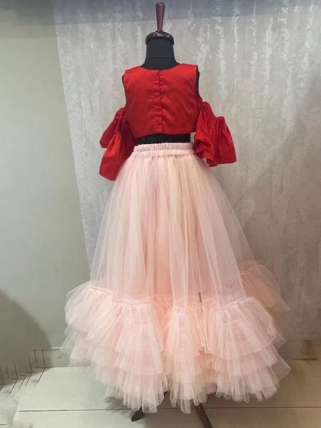Best lehenga for kids in Jaipur for wedding, peach net lehenga with trendy cold-shoulder top