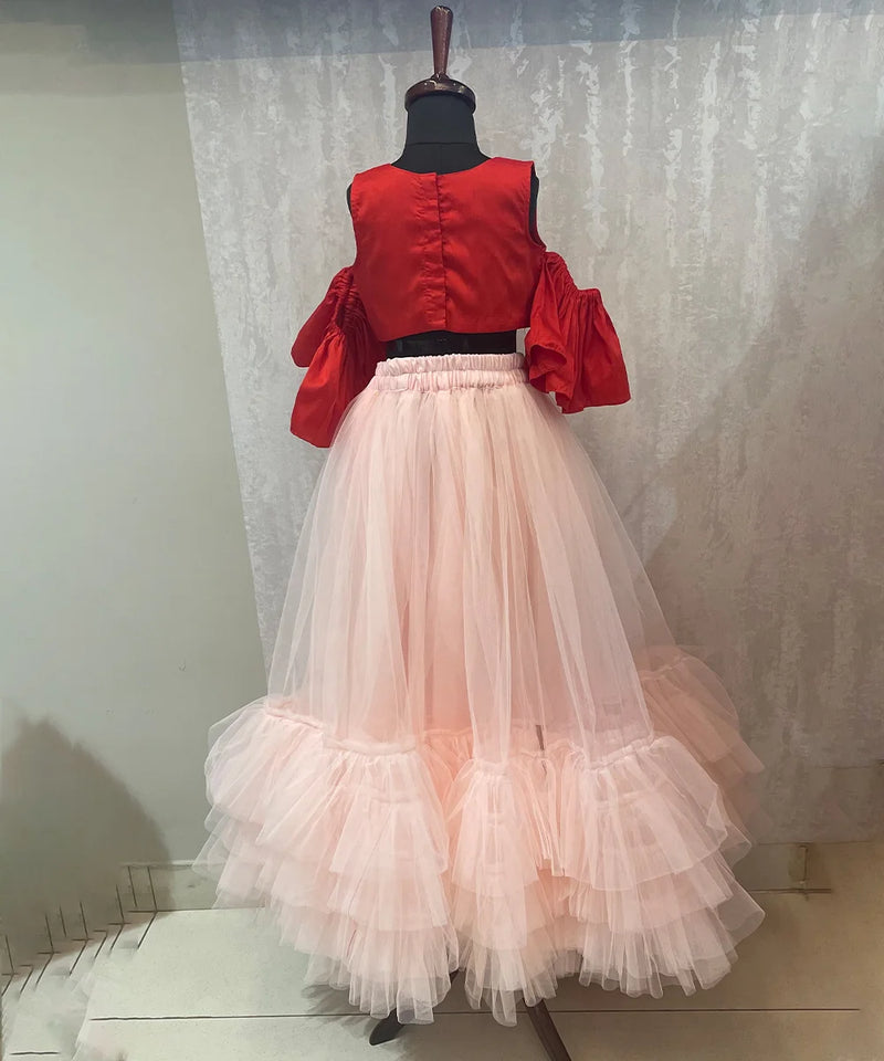 Best lehenga for kids in Jaipur for wedding, peach net lehenga with trendy cold-shoulder top