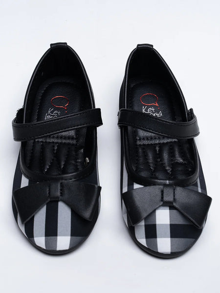 Black and white checkered girls' ballerina flats with black bow and strap, Jaipur, ages 1–8 years