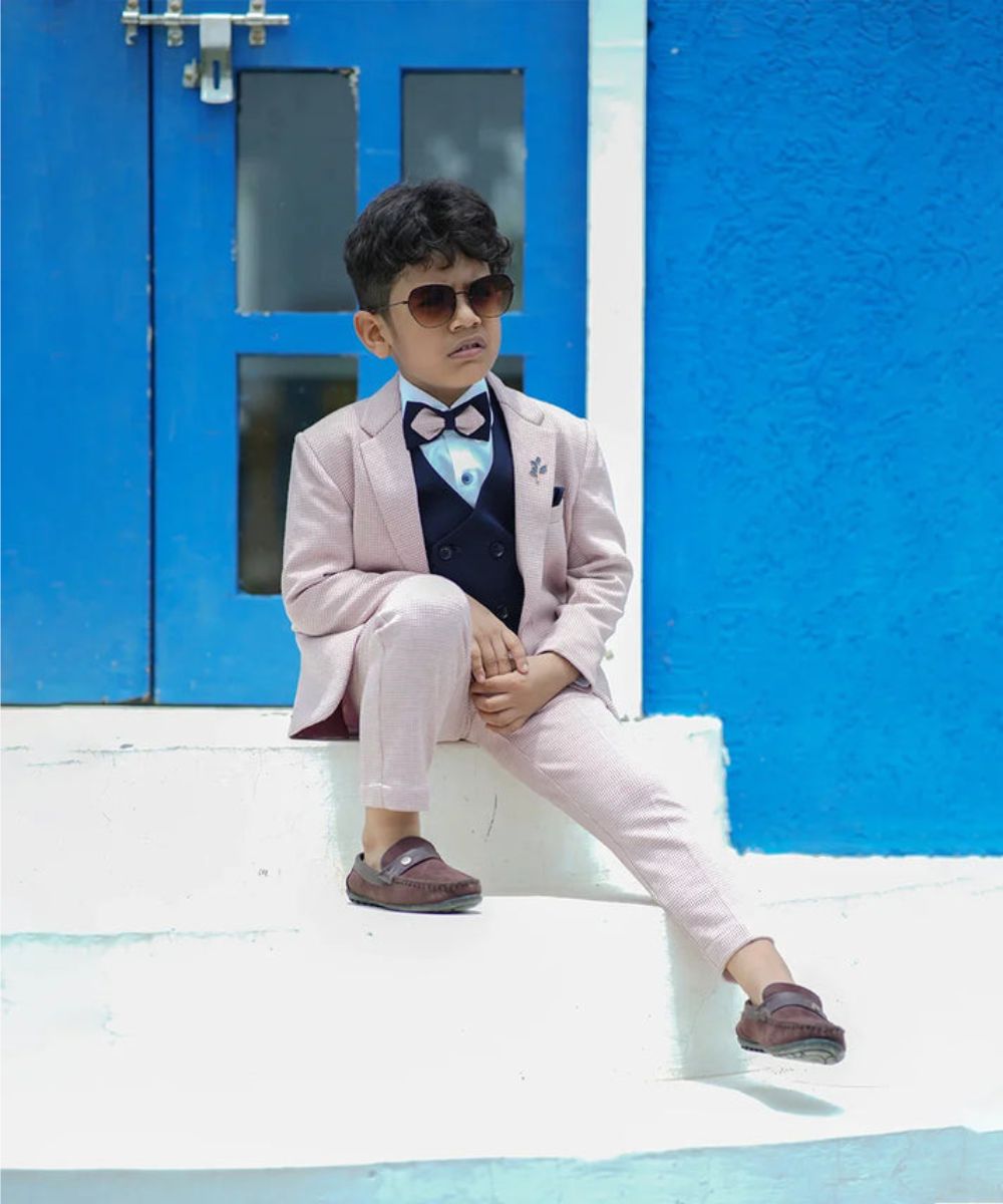 Kids pink checked tuxedo suit set, formal boys outfit Jaipur fashion shop