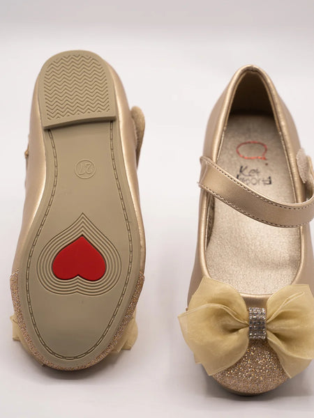 Gold glitter girls' party flats with organza bow and rhinestone detail, Jaipur, ages 1–8 years