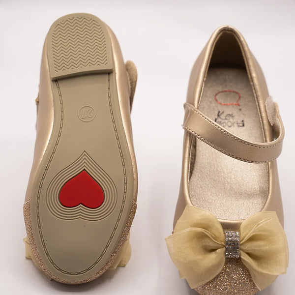 Gold glitter girls' party flats with organza bow and rhinestone detail, Jaipur, ages 1–8 years