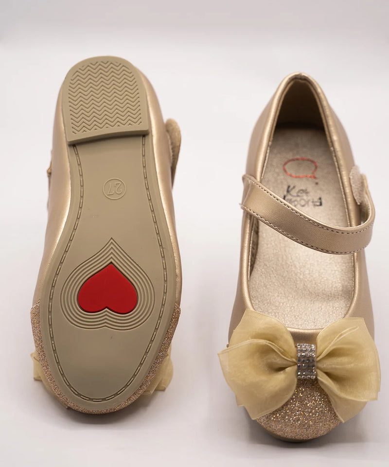 Gold glitter girls' party flats with organza bow and rhinestone detail, Jaipur, ages 1–8 years