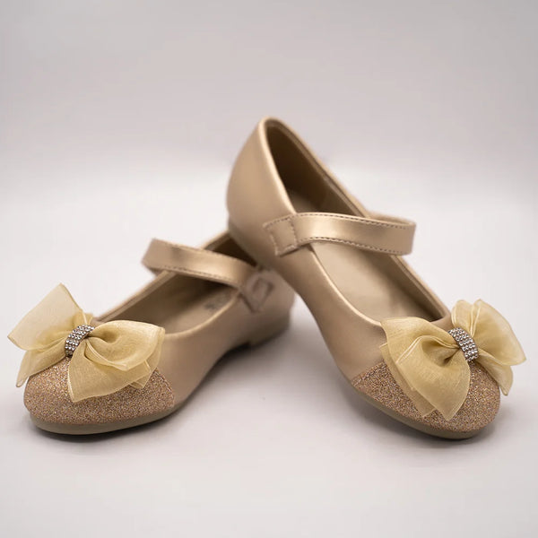 Kids' gold dress shoes for girls featuring a decorative bow and Velcro strap, Jaipur