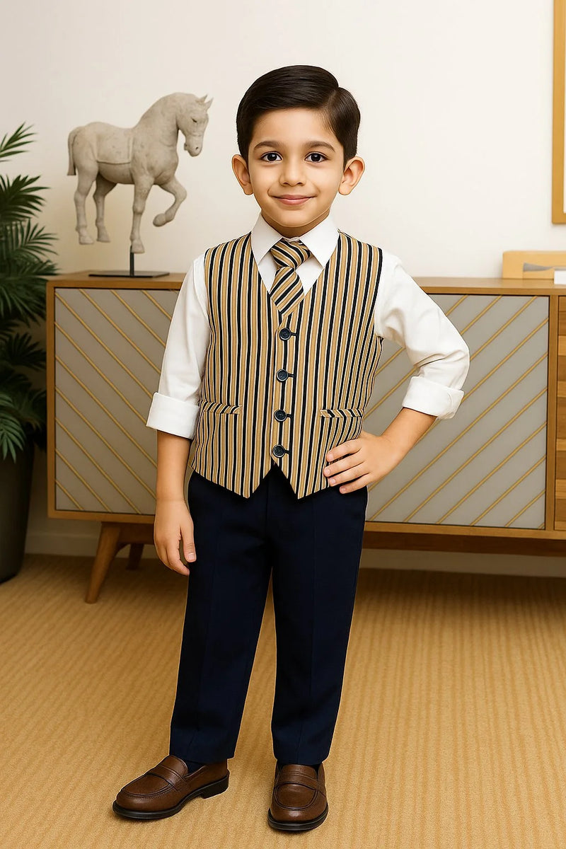 Young boy in a formal outfit standing in a room with a decorative horse sculpture.