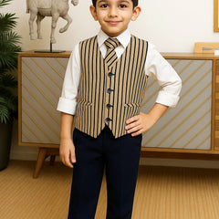 Young boy in a formal outfit standing in a room with a decorative horse sculpture.
