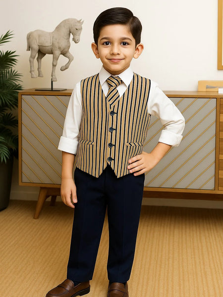 Young boy in a formal outfit standing in a room with a decorative horse sculpture.