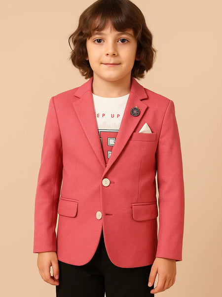 Child wearing a pink blazer over a white shirt with text on a beige background