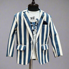 A boy's blue and white striped blazer displayed on a mannequin, paired with a white shirt and tie.