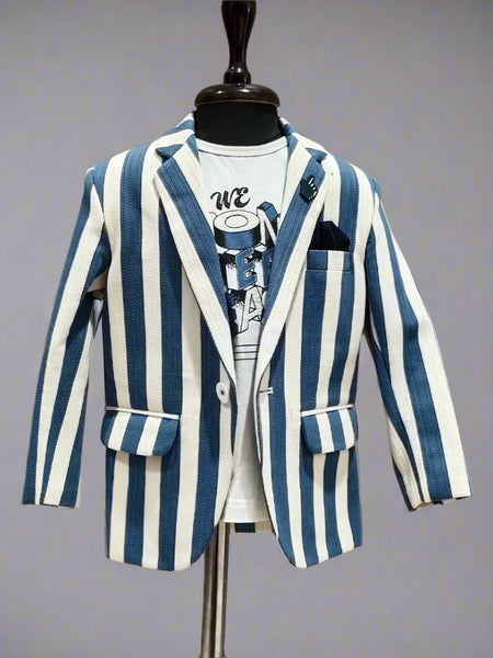 A boy's blue and white striped blazer displayed on a mannequin, paired with a white shirt and tie.