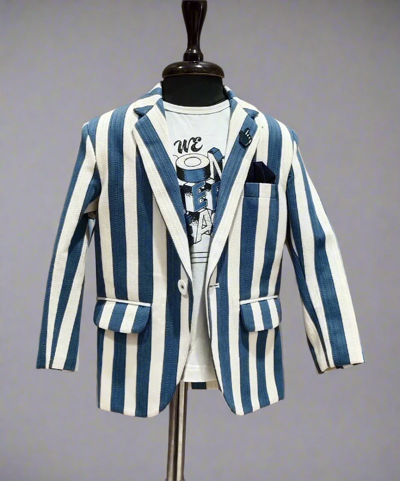 A boy's blue and white striped blazer displayed on a mannequin, paired with a white shirt and tie.