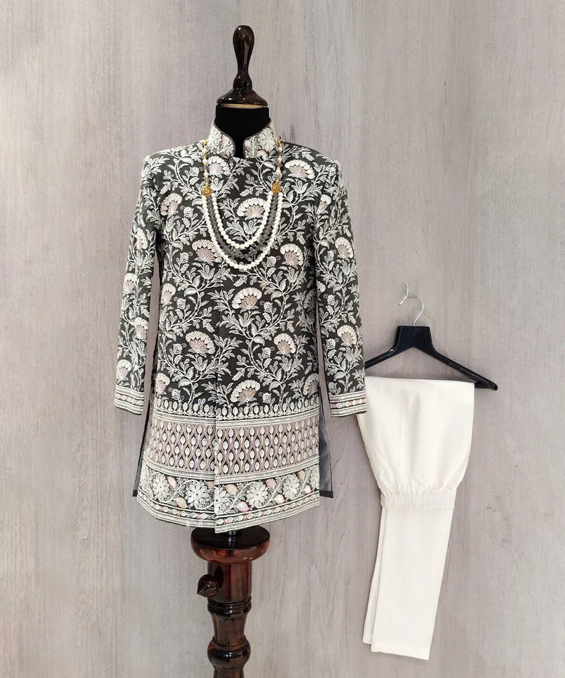 wedding wear embroidered sherwani with white matching pajama