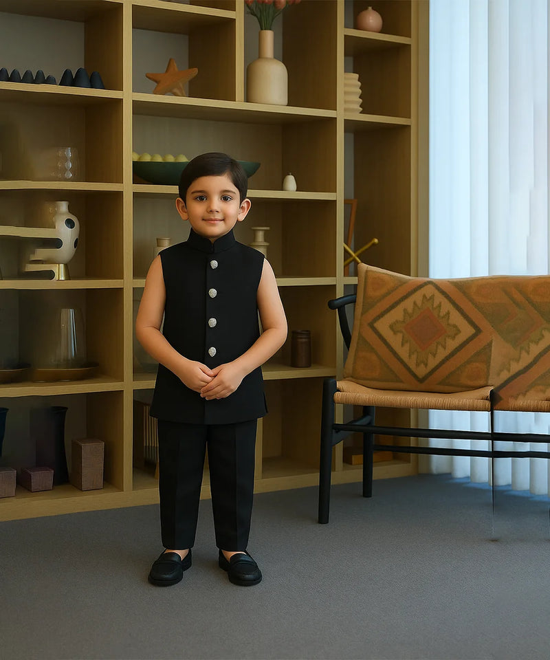 Child in a formal outfit standing in a room with a bookshelf and chair.