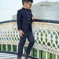 party wear navy blue jacquard jodhpuri suit set for boys
